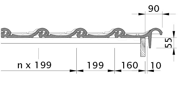 Zeichnung HARMONIE Ortgangziegel rechts mit Ortgangbrett OBR