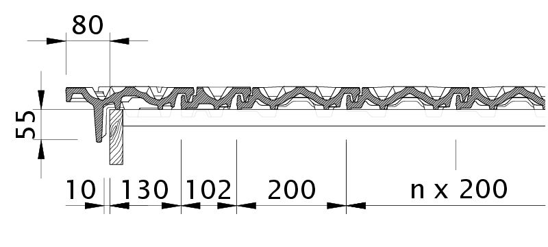 Zeichnung RUSTICO Ortgangziegel links mit Ortgangbrett OBL