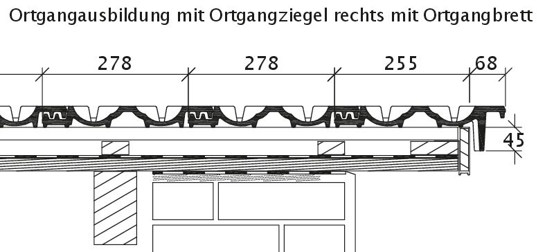 Zeichnung RAPIDO Ortgangziegel rechts mit Ortgangbrett OBR