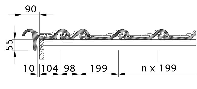 Zeichnung HARMONIE Ortgangziegel links mit Ortgangbrett OBL