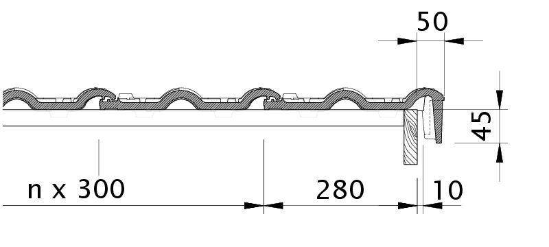 Zeichnung MAXIMA PRO Ortgangziegel rechts mit Ortgangbrett OBR