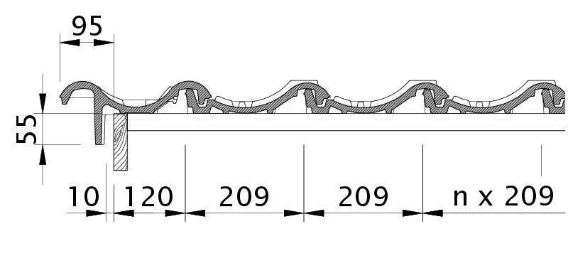 Zeichnung MELODIE Ortgangziegel links mit Ortgangbrett OBL